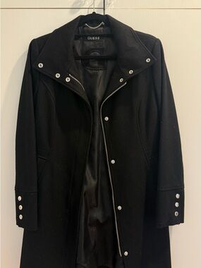 GUESS Black Women's Wool-Blend Trench Coat with Silver Hardware